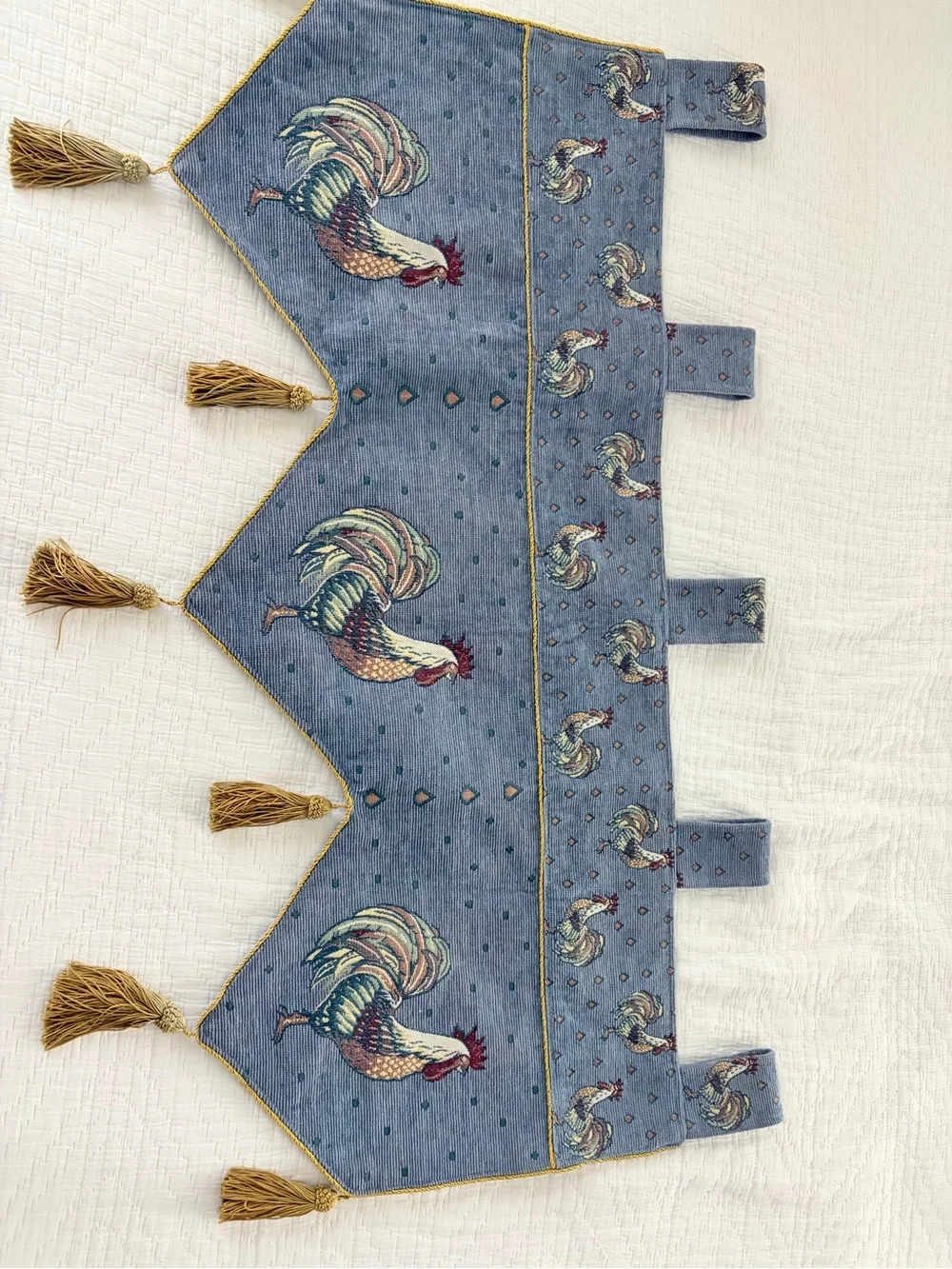 Vintage Rooster Print Window Valance in Denim Blue with Gold Tassels